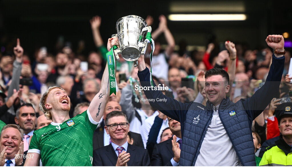 23 July 2023; Limerick players Cian Lynch, left, and Declan Hannon lift the Liam MacCarthy Cup after his side's victory in the GAA Hurling All-Ireland Senior Championship final match between Kilkenny and Limerick at Croke Park in Dublin. Photo by Ramsey Cardy/Sportsfile
