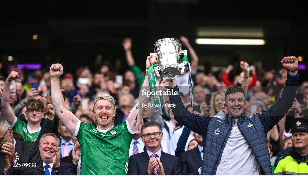 23 July 2023; Limerick players Cian Lynch, left, and Declan Hannon lift the Liam MacCarthy Cup after his side's victory in the GAA Hurling All-Ireland Senior Championship final match between Kilkenny and Limerick at Croke Park in Dublin. Photo by Ramsey Cardy/Sportsfile