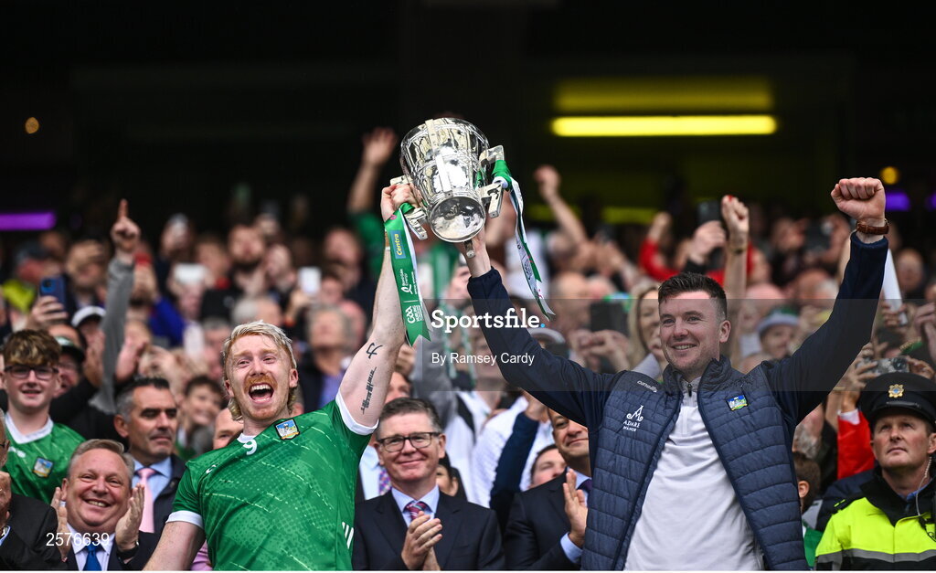 23 July 2023; Limerick players Cian Lynch, left, and Declan Hannon lift the Liam MacCarthy Cup after his side's victory in the GAA Hurling All-Ireland Senior Championship final match between Kilkenny and Limerick at Croke Park in Dublin. Photo by Ramsey Cardy/Sportsfile