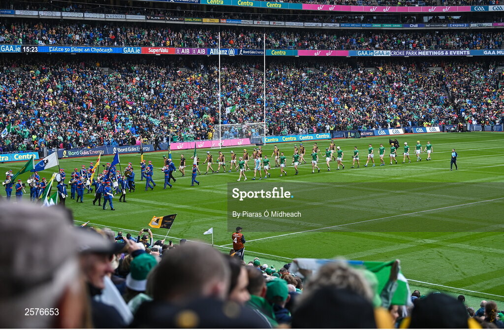 23 July 2023; Both teams parade before the GAA Hurling All-Ireland Senior Championship final match between Kilkenny and Limerick at Croke Park in Dublin. Photo by Piaras Ó Mídheach/Sportsfile