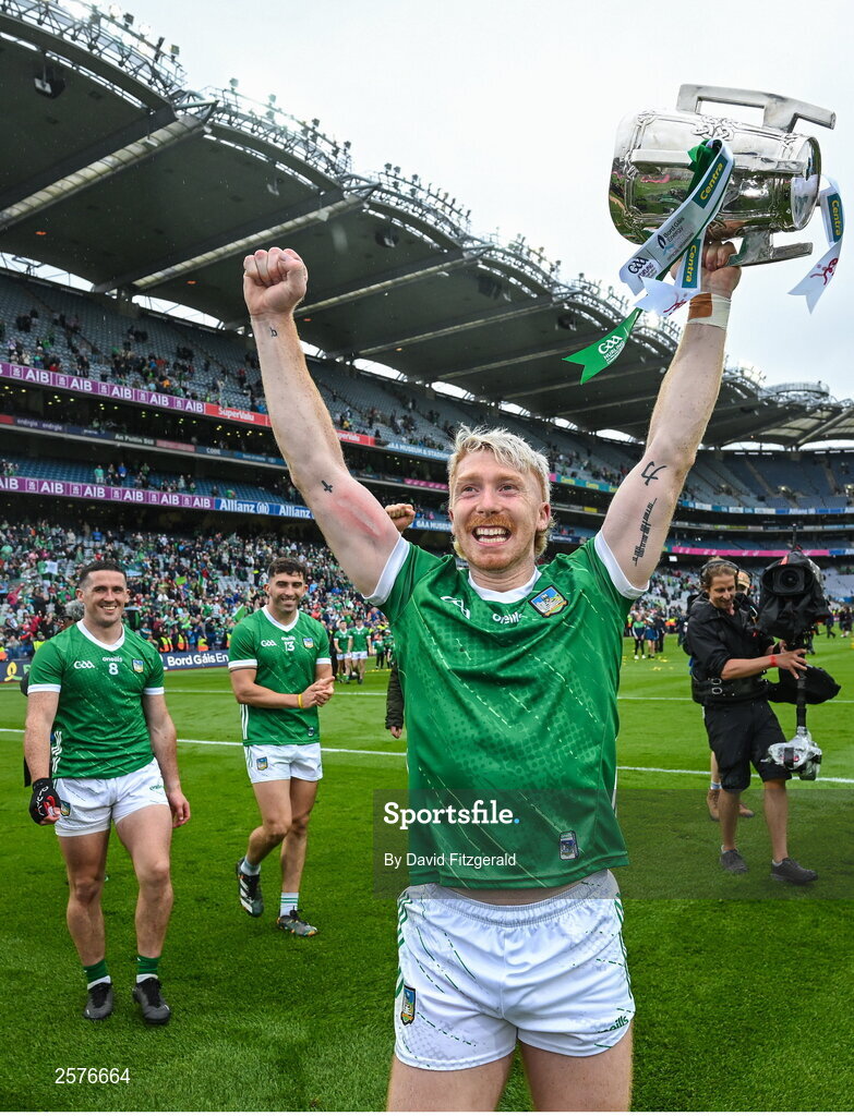 23 July 2023; Cian Lynch of Limerick celebrates with the Liam MacCarthy Cup after the GAA Hurling All-Ireland Senior Championship final match between Kilkenny and Limerick at Croke Park in Dublin. Photo by David Fitzgerald/Sportsfile