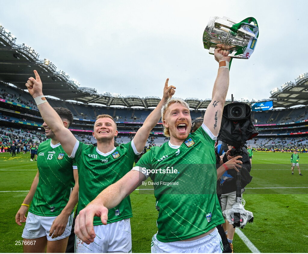 23 July 2023; Cian Lynch of Limerick celebrates with the Liam MacCarthy Cup after the GAA Hurling All-Ireland Senior Championship final match between Kilkenny and Limerick at Croke Park in Dublin. Photo by David Fitzgerald/Sportsfile