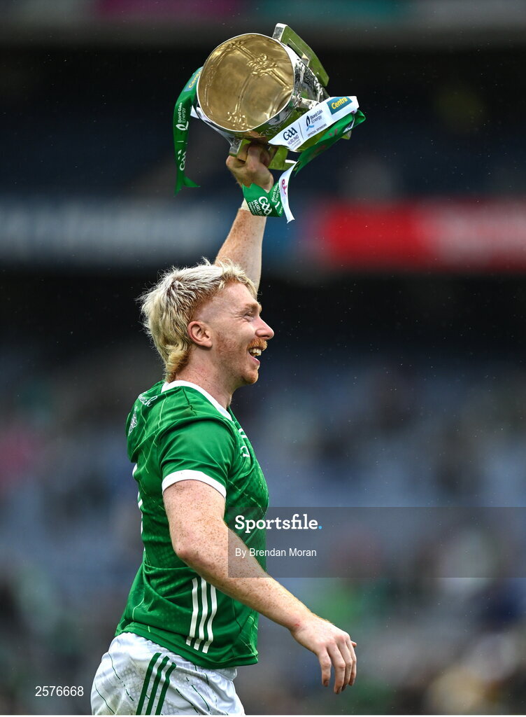 23 July 2023; Cian Lynch of Limerick with the Liam MacCarthy Cup after the GAA Hurling All-Ireland Senior Championship final match between Kilkenny and Limerick at Croke Park in Dublin. Photo by Brendan Moran/Sportsfile