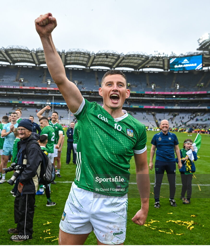 23 July 2023; Gearóid Hegarty of Limerick celebrates after the GAA Hurling All-Ireland Senior Championship final match between Kilkenny and Limerick at Croke Park in Dublin. Photo by David Fitzgerald/Sportsfile