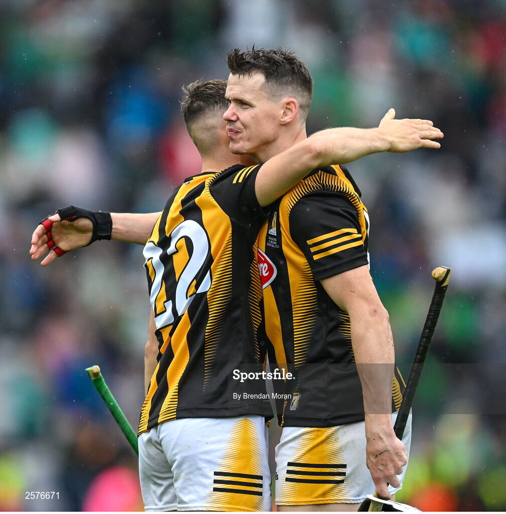 23 July 2023; Kilkenny players Cian Kenny, left, and TJ Reid after the GAA Hurling All-Ireland Senior Championship final match between Kilkenny and Limerick at Croke Park in Dublin. Photo by Brendan Moran/Sportsfile