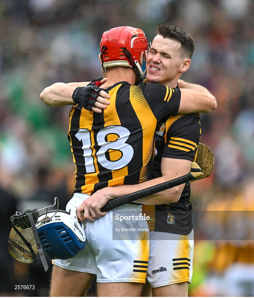 23 July 2023; Kilkenny players Cillian Buckley, left, and TJ Reid after the GAA Hurling All-Ireland Senior Championship final match between Kilkenny and Limerick at Croke Park in Dublin. Photo by Brendan Moran/Sportsfile