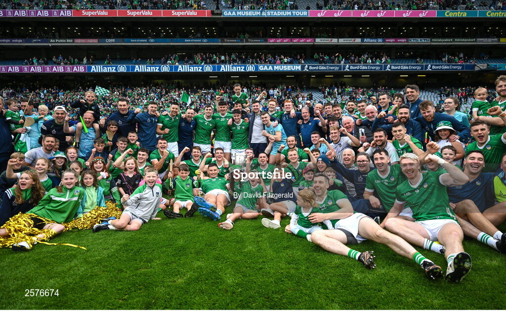 23 July 2023; The Limerick squad, management and family members celebrate after the GAA Hurling All-Ireland Senior Championship final match between Kilkenny and Limerick at Croke Park in Dublin. Photo by David Fitzgerald/Sportsfile