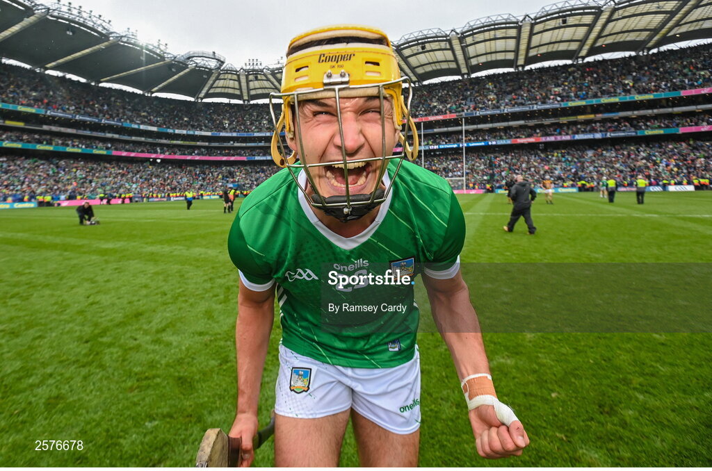 23 July 2023; Cathal O'Neill of Limerick celebrates after the GAA Hurling All-Ireland Senior Championship final match between Kilkenny and Limerick at Croke Park in Dublin. Photo by Ramsey Cardy/Sportsfile
