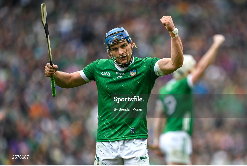 23 July 2023; Mike Casey of Limerick celebrates at the final whistle after the GAA Hurling All-Ireland Senior Championship final match between Kilkenny and Limerick at Croke Park in Dublin. Photo by Brendan Moran/Sportsfile