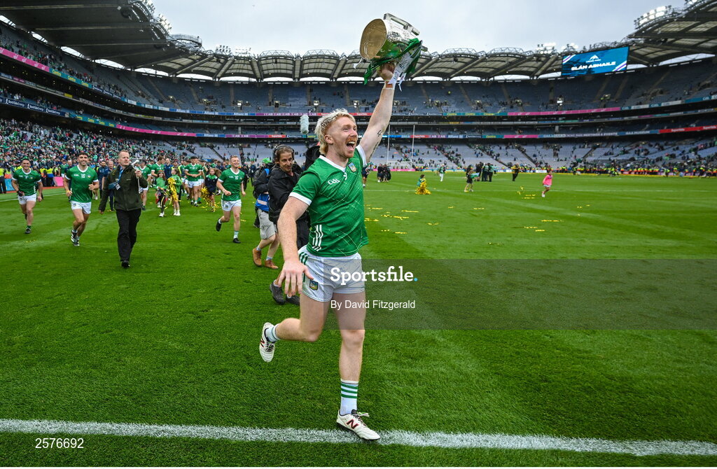 23 July 2023; Cian Lynch of Limerick celebrates after the GAA Hurling All-Ireland Senior Championship final match between Kilkenny and Limerick at Croke Park in Dublin. Photo by David Fitzgerald/Sportsfile