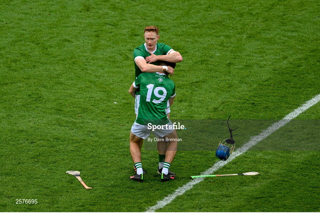 23 July 2023; Limerick players Aaron Costello, right, and William O'Donoghue celebrate after the GAA Hurling All-Ireland Senior Championship final match between Kilkenny and Limerick at Croke Park in Dublin. Photo by Daire Brennan/Sportsfile