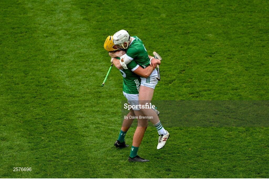 23 July 2023; Limerick players Cian Lynch, right, and Cathal O'Neill celebrate after the GAA Hurling All-Ireland Senior Championship final match between Kilkenny and Limerick at Croke Park in Dublin. Photo by Daire Brennan/Sportsfile