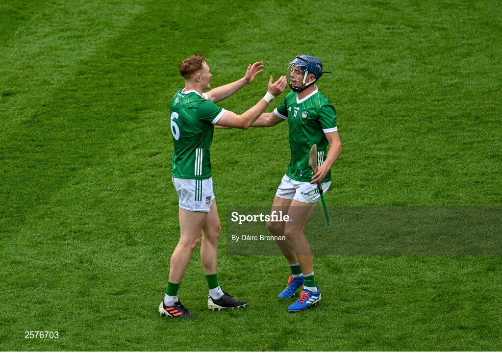 23 July 2023; Limerick players William O'Donoghue, left, and David Reidy celebrate after the GAA Hurling All-Ireland Senior Championship final match between Kilkenny and Limerick at Croke Park in Dublin. Photo by Daire Brennan/Sportsfile