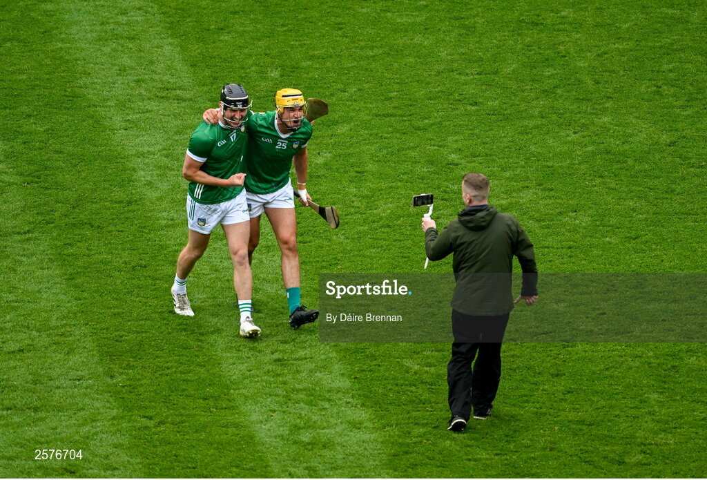 23 July 2023; Limerick players Conor Boylan, left, and Cathal O'Neill celebrate after the GAA Hurling All-Ireland Senior Championship final match between Kilkenny and Limerick at Croke Park in Dublin. Photo by Daire Brennan/Sportsfile