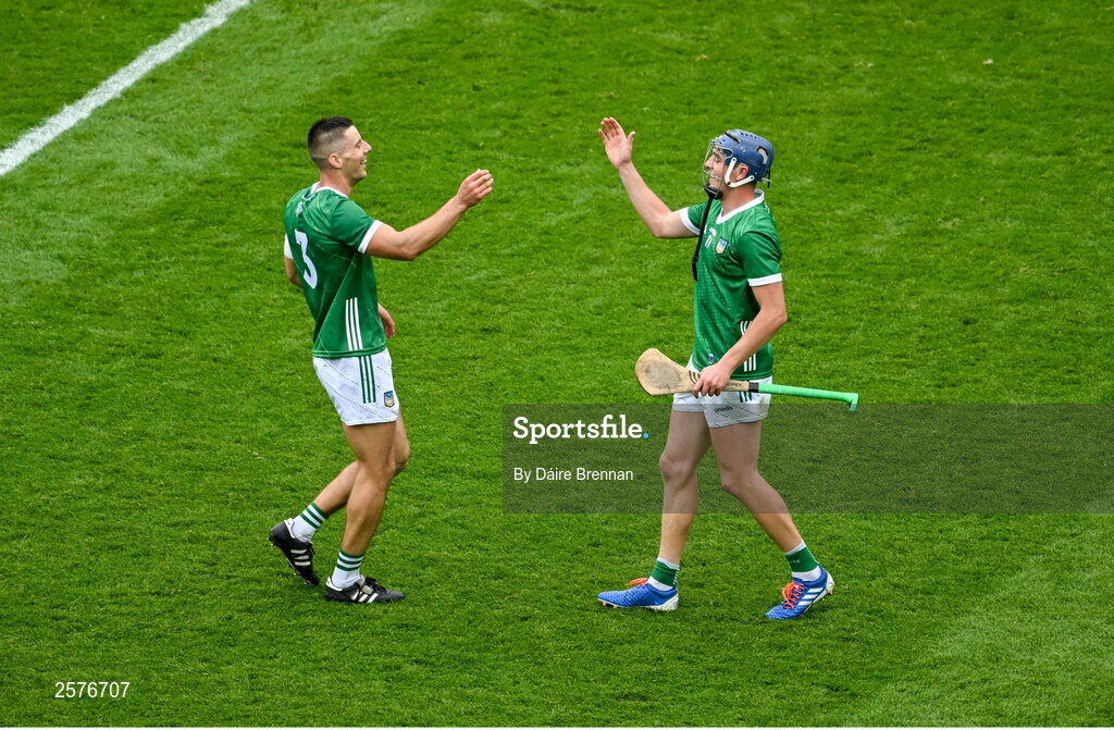 23 July 2023; Limerick players Dan Morrissey, left, and David Reidy celebrate after the GAA Hurling All-Ireland Senior Championship final match between Kilkenny and Limerick at Croke Park in Dublin. Photo by Daire Brennan/Sportsfile