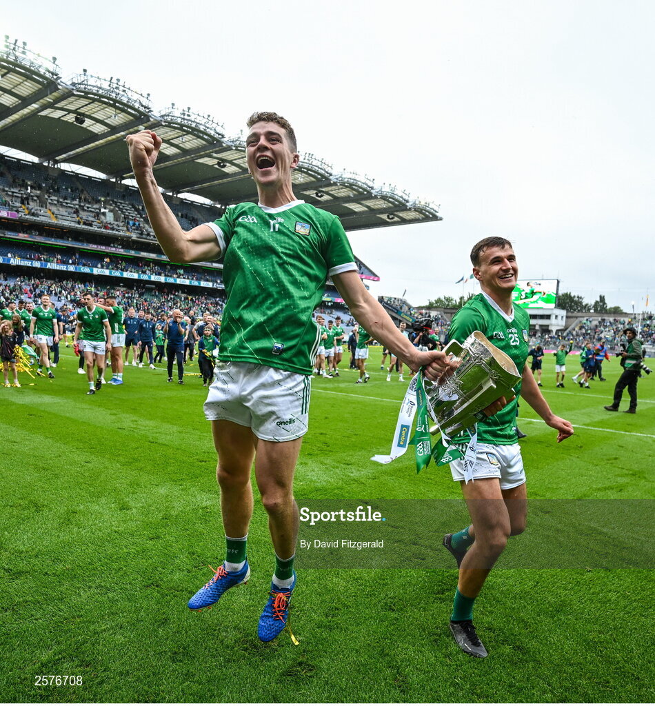 23 July 2023; Limerick players from left, David Reidy and Cathal O'Neill celebrate after the GAA Hurling All-Ireland Senior Championship final match between Kilkenny and Limerick at Croke Park in Dublin. Photo by David Fitzgerald/Sportsfile