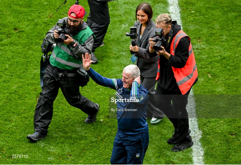 23 July 2023; Limerick manager John Kiely celebrates after the GAA Hurling All-Ireland Senior Championship final match between Kilkenny and Limerick at Croke Park in Dublin. Photo by Daire Brennan/Sportsfile