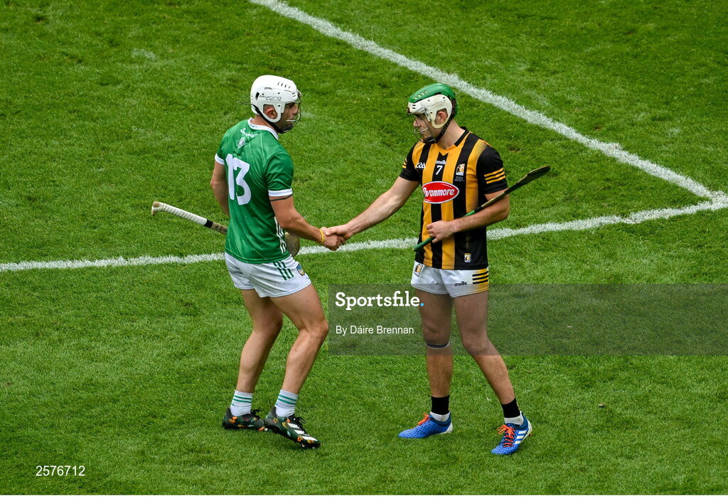 23 July 2023; Aaron Gillane of Limerick shakes hands with Paddy Deegan of Kilkenny after the GAA Hurling All-Ireland Senior Championship final match between Kilkenny and Limerick at Croke Park in Dublin. Photo by Daire Brennan/Sportsfile