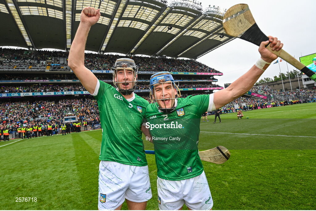 23 July 2023; Limerick players Diarmaid Byrnes, left, and Mike Casey celebrate after the GAA Hurling All-Ireland Senior Championship final match between Kilkenny and Limerick at Croke Park in Dublin. Photo by Ramsey Cardy/Sportsfile