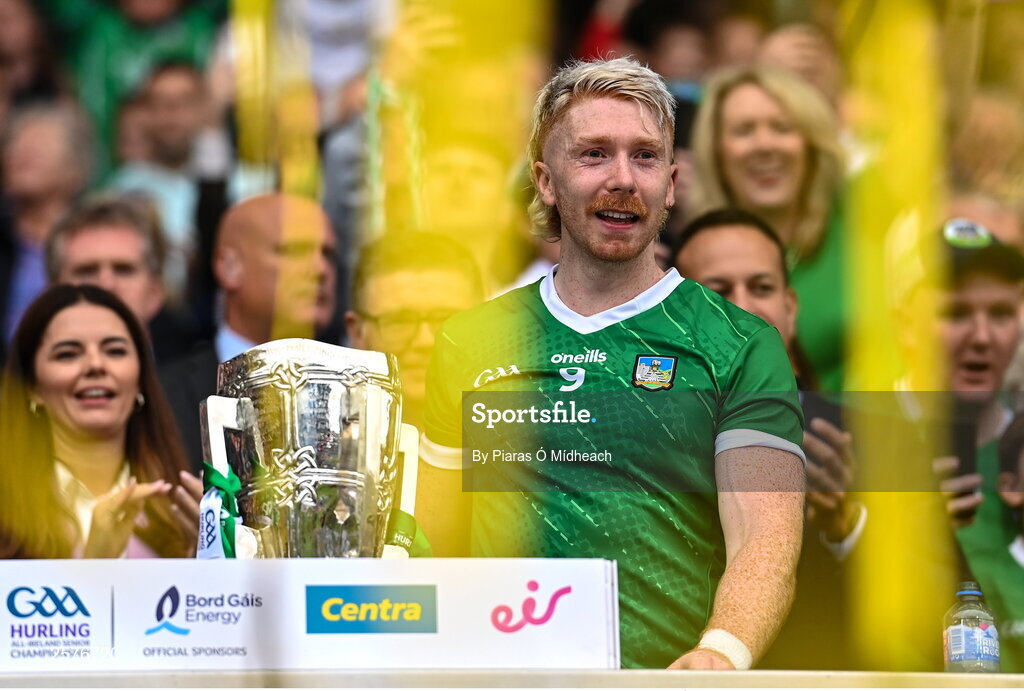 23 July 2023; Limerick captain Cian Lynch with the Liam MacCarthy Cup after his side's victory in the GAA Hurling All-Ireland Senior Championship final match between Kilkenny and Limerick at Croke Park in Dublin. Photo by Piaras Ó Mídheach/Sportsfile