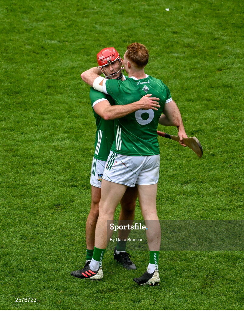 23 July 2023; Limerick players Barry Nash, left, and William O'Donoghue, celebrate after the GAA Hurling All-Ireland Senior Championship final match between Kilkenny and Limerick at Croke Park in Dublin. Photo by Daire Brennan/Sportsfile