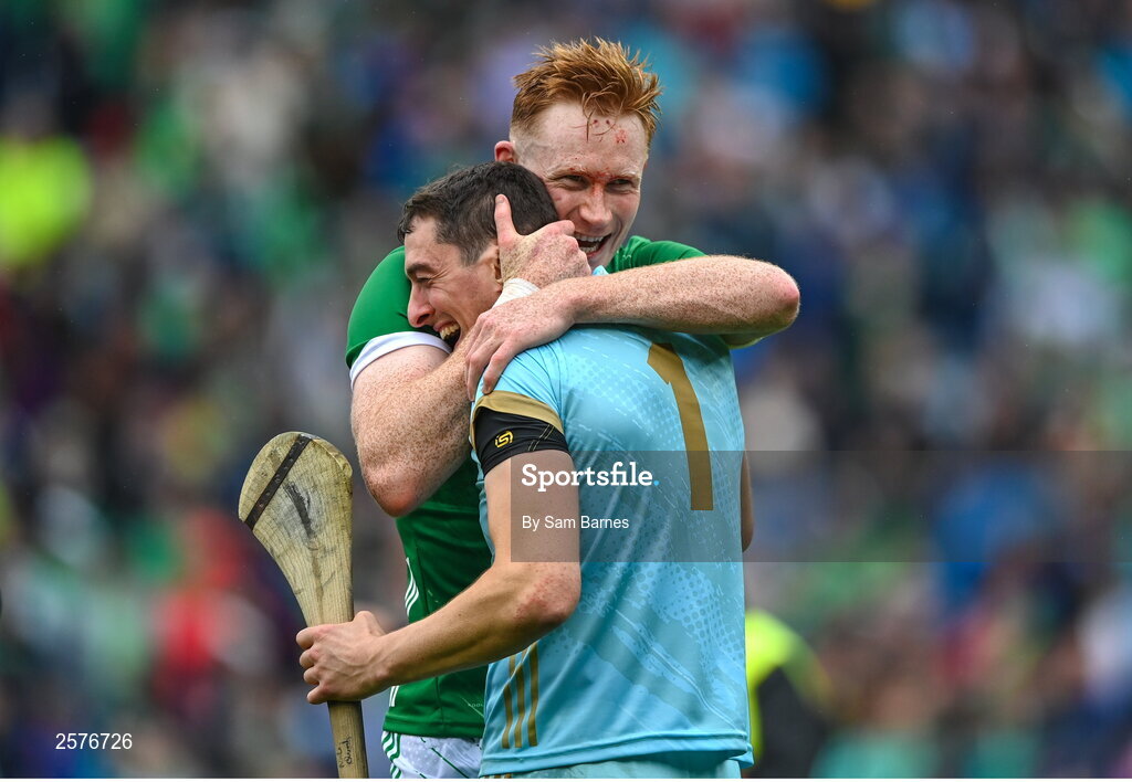 23 July 2023; Limerick players William O'Donoghue, left, and Nickie Quaid celebrate after the GAA Hurling All-Ireland Senior Championship final match between Kilkenny and Limerick at Croke Park in Dublin. Photo by Sam Barnes/Sportsfile