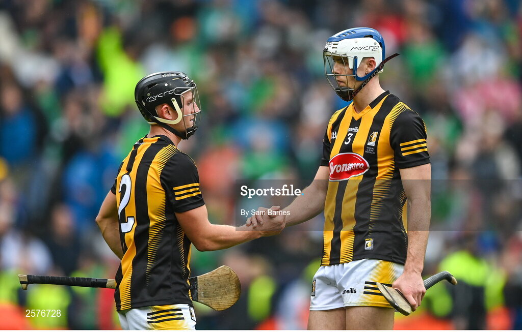 23 July 2023; Kilkenny players Mikey Butler, left, and Huw Lawlor after the GAA Hurling All-Ireland Senior Championship final match between Kilkenny and Limerick at Croke Park in Dublin. Photo by Sam Barnes/Sportsfile