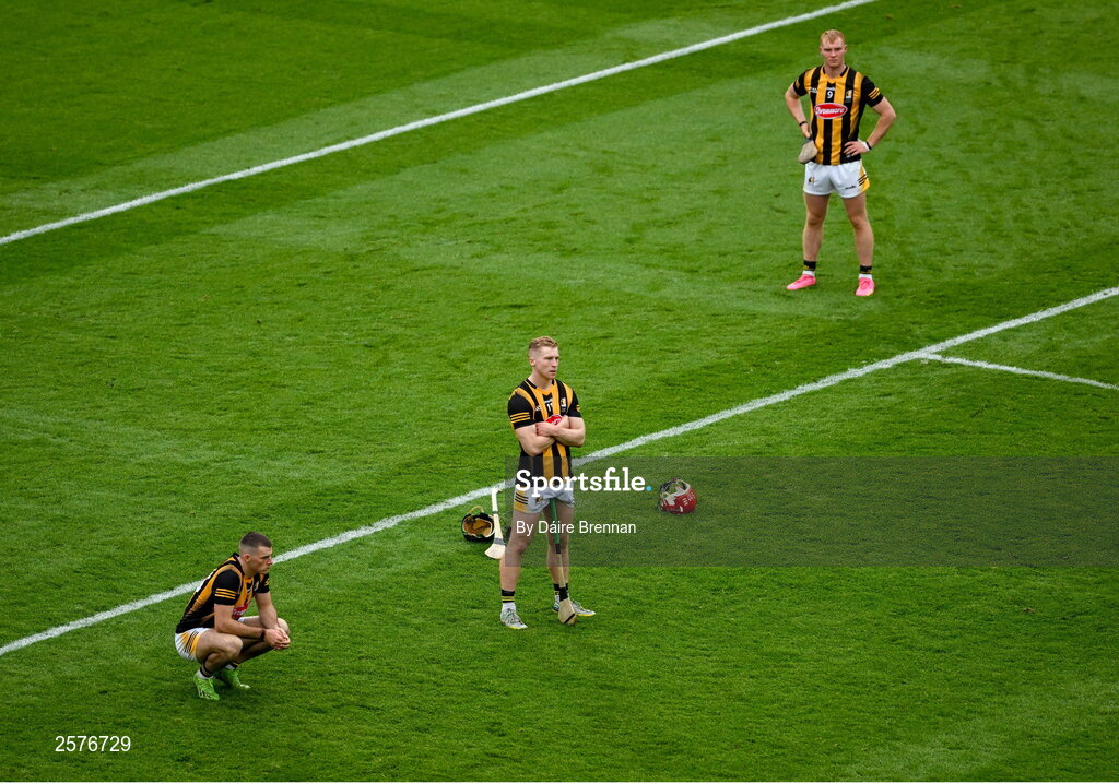 23 July 2023; Dejected Kilkenny players, Eoin Cody, Martin Keoghan, and Adrian Mullen, after the GAA Hurling All-Ireland Senior Championship final match between Kilkenny and Limerick at Croke Park in Dublin. Photo by Daire Brennan/Sportsfile
