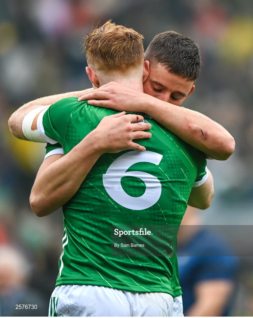 23 July 2023; Limerick players William O'Donoghue, left, and Gearóid Hegarty after the GAA Hurling All-Ireland Senior Championship final match between Kilkenny and Limerick at Croke Park in Dublin. Photo by Sam Barnes/Sportsfile