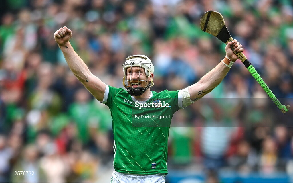 23 July 2023; Cian Lynch of Limerick celebrates at the final whistle after the GAA Hurling All-Ireland Senior Championship final match between Kilkenny and Limerick at Croke Park in Dublin. Photo by David Fitzgerald/Sportsfile