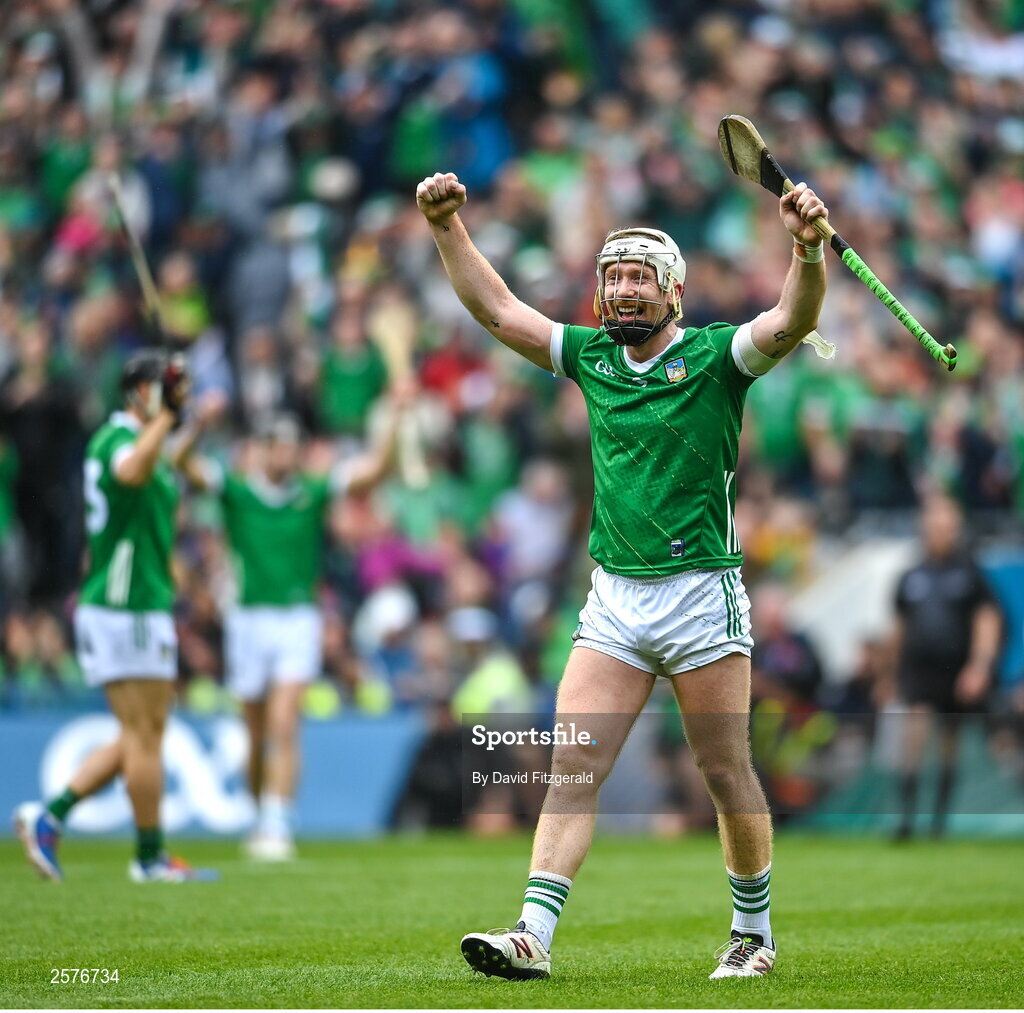 23 July 2023; Cian Lynch of Limerick celebrates at the final whistle after the GAA Hurling All-Ireland Senior Championship final match between Kilkenny and Limerick at Croke Park in Dublin. Photo by David Fitzgerald/Sportsfile