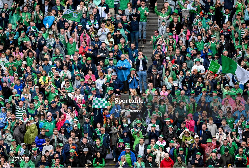 23 July 2023; Limerick supporters in the Cusack Stand celebrate after the GAA Hurling All-Ireland Senior Championship final match between Kilkenny and Limerick at Croke Park in Dublin. Photo by Daire Brennan/Sportsfile