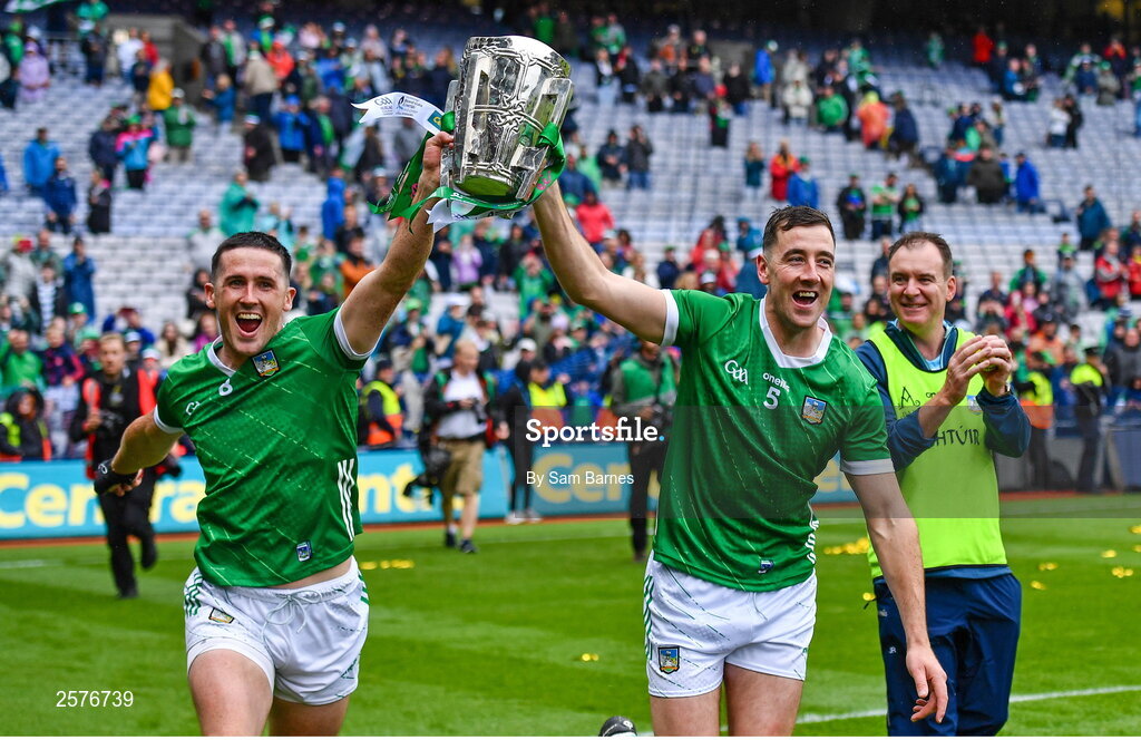 23 July 2023; Limerick players Darragh O’Donovan, left, and Diarmaid Byrnes celebrate after the GAA Hurling All-Ireland Senior Championship final match between Kilkenny and Limerick at Croke Park in Dublin. Photo by Sam Barnes/Sportsfile