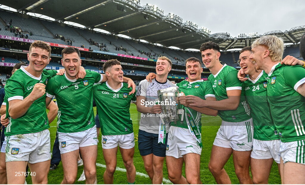 23 July 2023; Limerick players celebrate with the Liam MacCarthy Cup after the GAA Hurling All-Ireland Senior Championship final match between Kilkenny and Limerick at Croke Park in Dublin. Photo by Sam Barnes/Sportsfile
