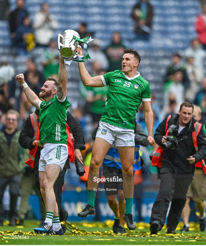 23 July 2023; Limerick players Oisín O'Reilly, left, and Cathal O'Neill celebrate with the Liam MacCarthy Cup after the GAA Hurling All-Ireland Senior Championship final match between Kilkenny and Limerick at Croke Park in Dublin. Photo by Sam Barnes/Sportsfile