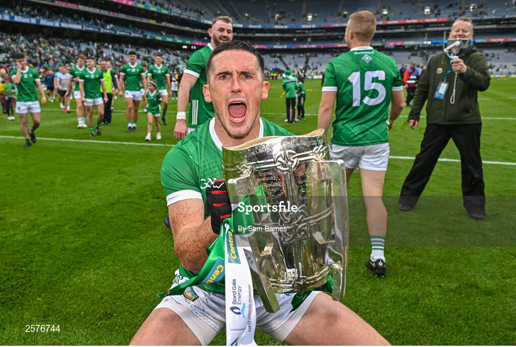 23 July 2023; Darragh O'Donovan of Limerick celebrates with the Liam MacCarthy cup after the GAA Hurling All-Ireland Senior Championship final match between Kilkenny and Limerick at Croke Park in Dublin. Photo by Sam Barnes/Sportsfile