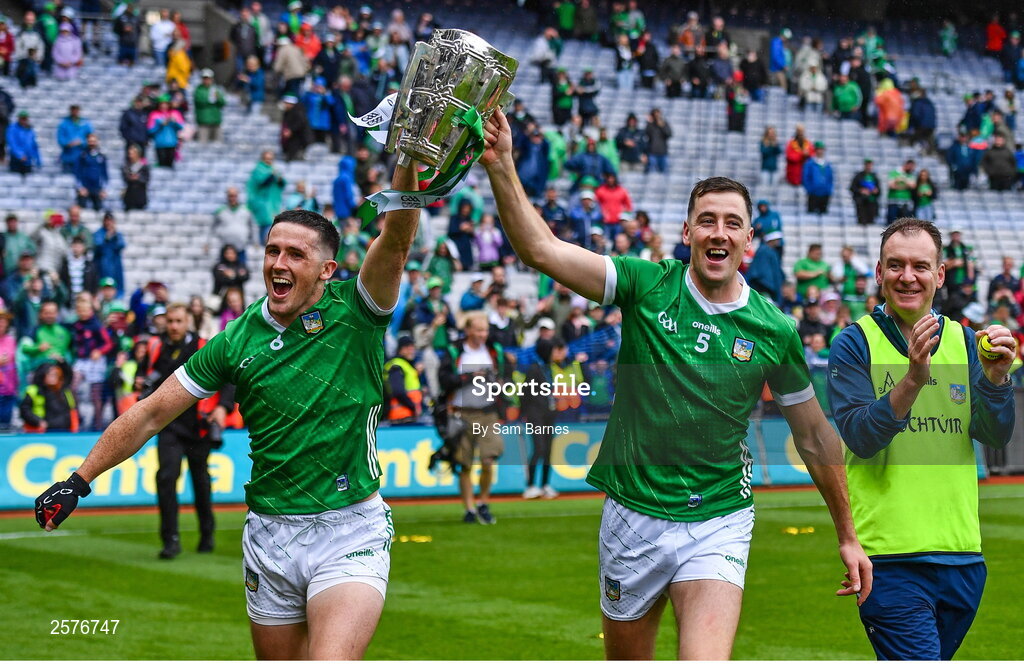 23 July 2023; Limerick players Darragh O’Donovan, left, and Diarmaid Byrnes celebrate after the GAA Hurling All-Ireland Senior Championship final match between Kilkenny and Limerick at Croke Park in Dublin. Photo by Sam Barnes/Sportsfile