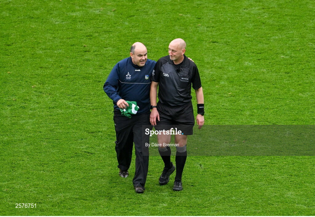 23 July 2023; Limerick County Board Secretary Mike O'Riordan with referee John Keenan after the GAA Hurling All-Ireland Senior Championship final match between Kilkenny and Limerick at Croke Park in Dublin. Photo by Daire Brennan/Sportsfile
