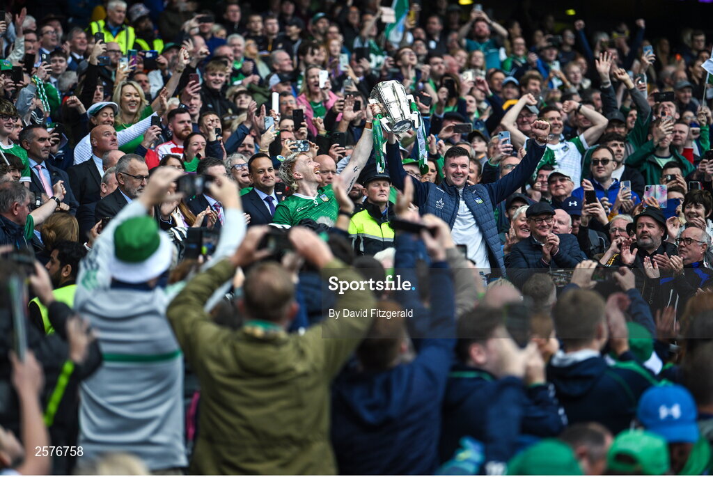 23 July 2023; Limerick players Cian Lynch, left, and Declan Hannon lift the Liam MacCarthy Cup after the GAA Hurling All-Ireland Senior Championship final match between Kilkenny and Limerick at Croke Park in Dublin. Photo by David Fitzgerald/Sportsfile