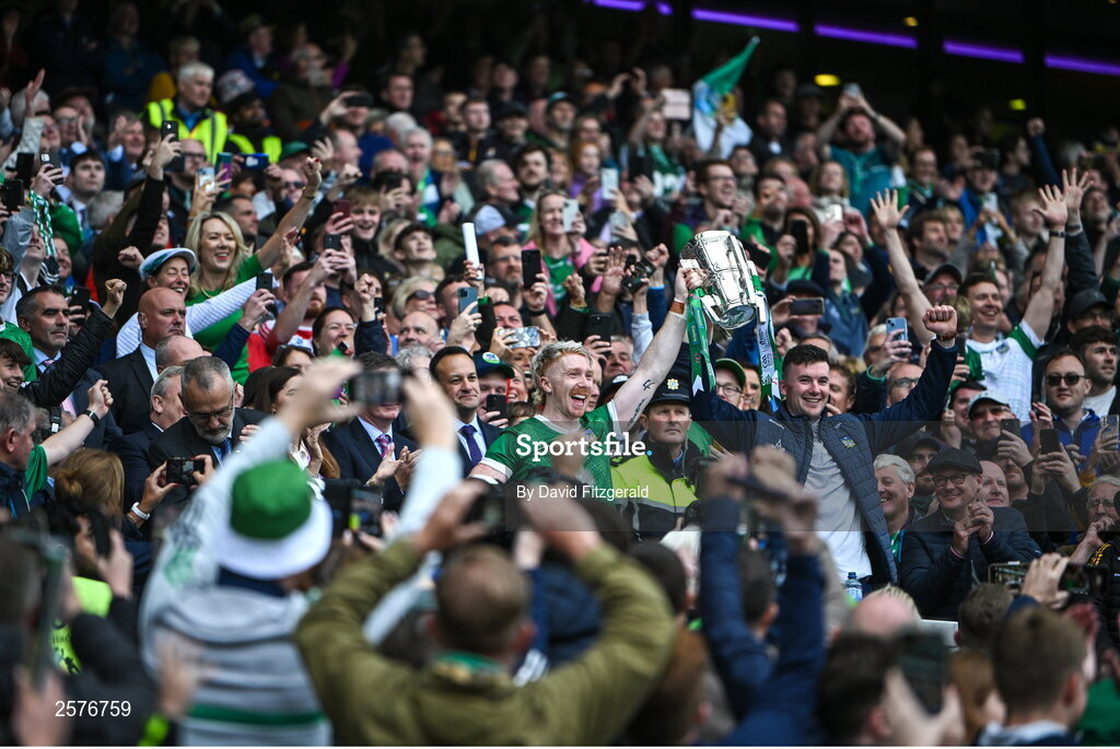 23 July 2023; Limerick players Cian Lynch, left, and Declan Hannon lift the Liam MacCarthy Cup after the GAA Hurling All-Ireland Senior Championship final match between Kilkenny and Limerick at Croke Park in Dublin. Photo by David Fitzgerald/Sportsfile