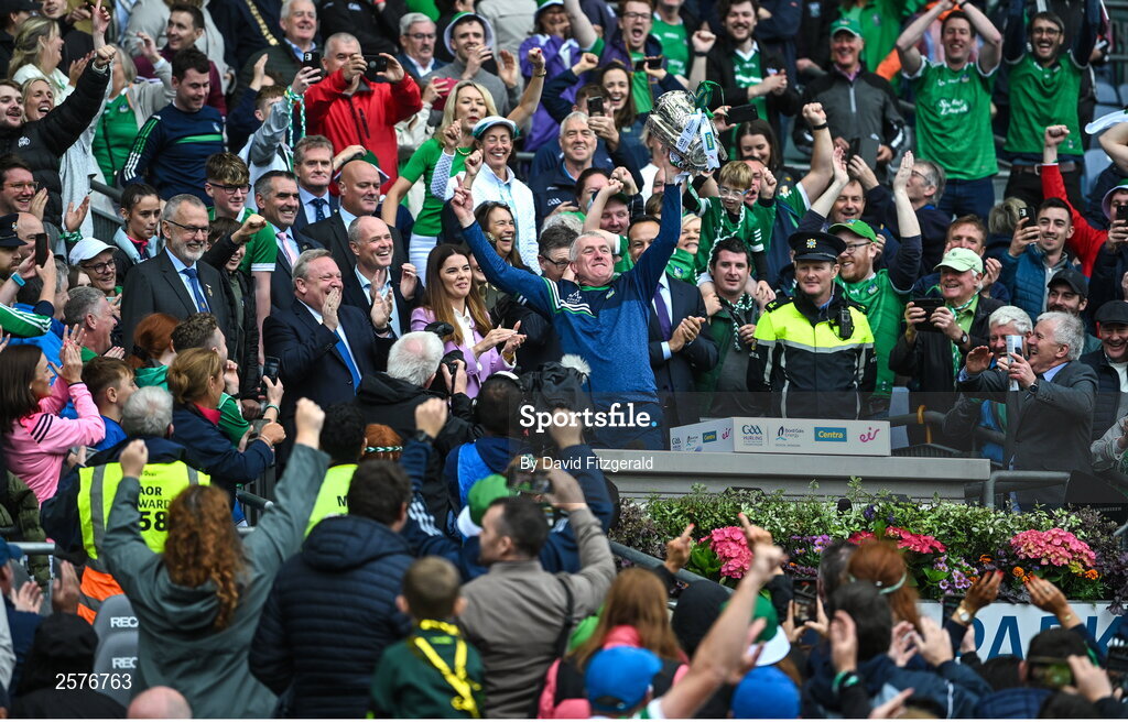 23 July 2023; Limerick manager John Kiely celebrates with the Liam MacCarthy Cup after the GAA Hurling All-Ireland Senior Championship final match between Kilkenny and Limerick at Croke Park in Dublin. Photo by David Fitzgerald/Sportsfile