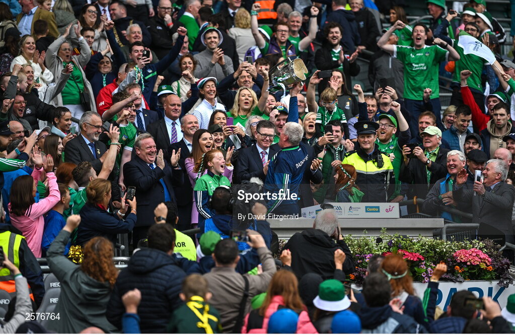 23 July 2023; Limerick manager John Kiely celebrates with the Liam MacCarthy Cup after the GAA Hurling All-Ireland Senior Championship final match between Kilkenny and Limerick at Croke Park in Dublin. Photo by David Fitzgerald/Sportsfile