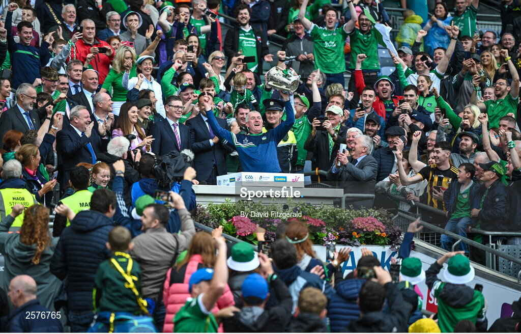 23 July 2023; Limerick manager John Kiely celebrates with the Liam MacCarthy Cup after the GAA Hurling All-Ireland Senior Championship final match between Kilkenny and Limerick at Croke Park in Dublin. Photo by David Fitzgerald/Sportsfile