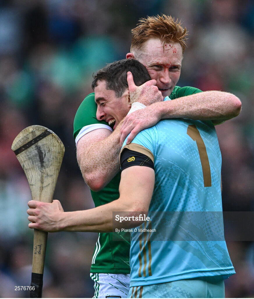 23 July 2023; Limerick players William O'Donoghue, behind, and Nickie Quaid celebrate after their side's victory in the GAA Hurling All-Ireland Senior Championship final match between Kilkenny and Limerick at Croke Park in Dublin. Photo by Piaras Ó Mídheach/Sportsfile