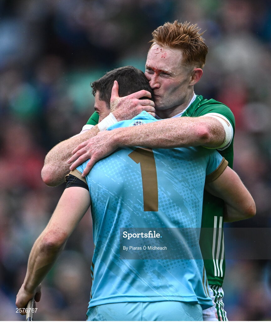 23 July 2023; Limerick players William O'Donoghue, behind, and Nickie Quaid celebrate after their side's victory in the GAA Hurling All-Ireland Senior Championship final match between Kilkenny and Limerick at Croke Park in Dublin. Photo by Piaras Ó Mídheach/Sportsfile
