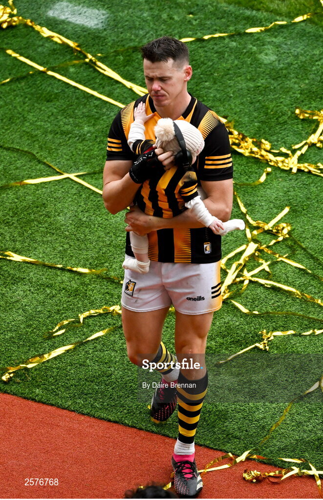 23 July 2023; TJ Reid of Kilkenny, with his daughter Harper Mary, after the GAA Hurling All-Ireland Senior Championship final match between Kilkenny and Limerick at Croke Park in Dublin. Photo by Daire Brennan/Sportsfile