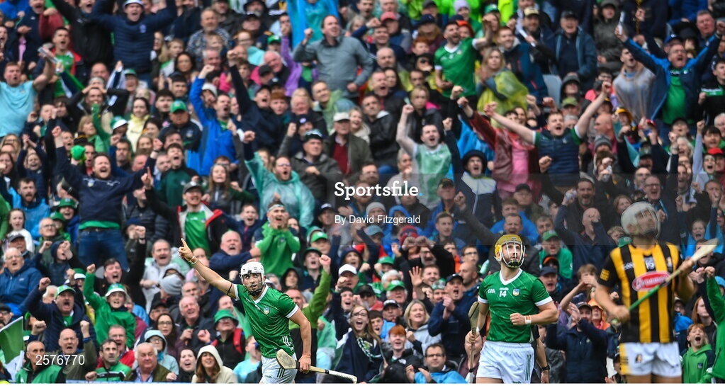23 July 2023; Aaron Gillane of Limerick celebrates a point during the GAA Hurling All-Ireland Senior Championship final match between Kilkenny and Limerick at Croke Park in Dublin. Photo by David Fitzgerald/Sportsfile