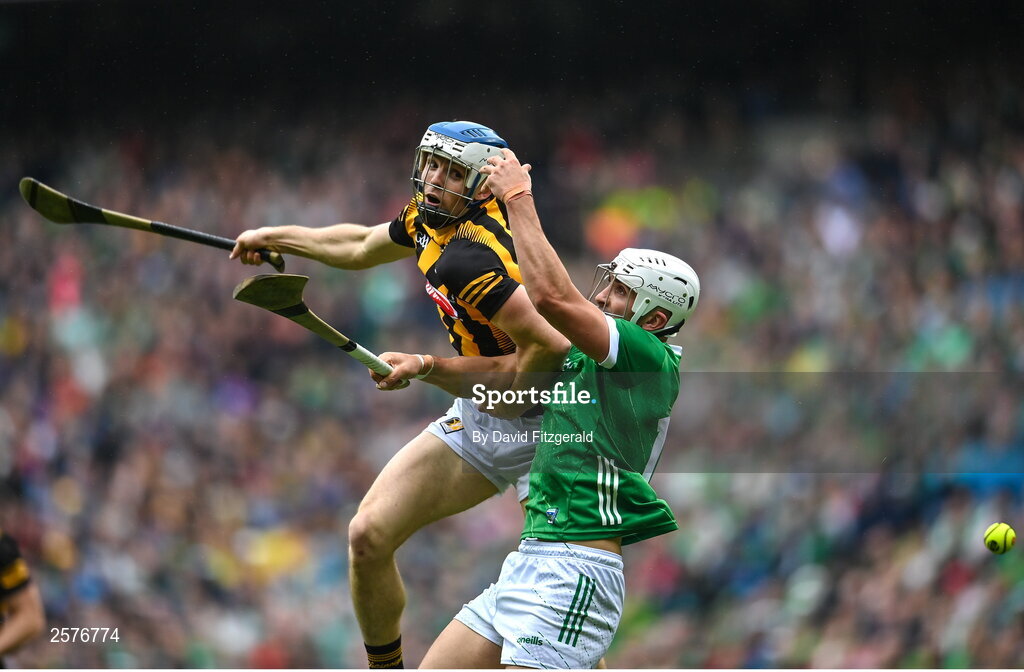 23 July 2023; Aaron Gillane of Limerick in action against Huw Lawlor of Kilkenny during the GAA Hurling All-Ireland Senior Championship final match between Kilkenny and Limerick at Croke Park in Dublin. Photo by David Fitzgerald/Sportsfile