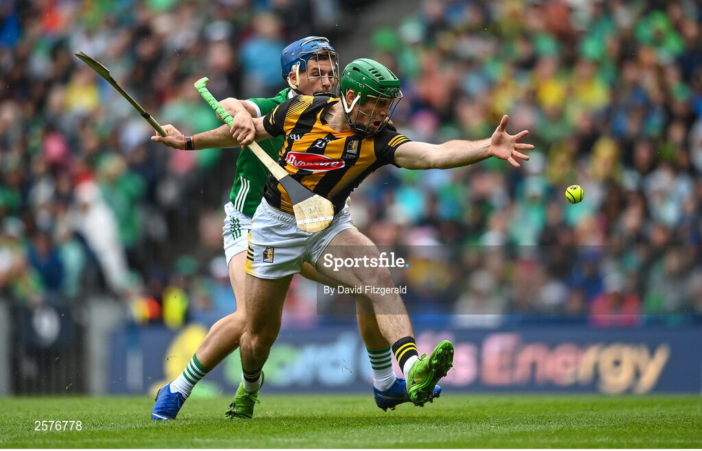 23 July 2023; Eoin Cody of Kilkenny in action against Mike Casey of Limerick during the GAA Hurling All-Ireland Senior Championship final match between Kilkenny and Limerick at Croke Park in Dublin. Photo by David Fitzgerald/Sportsfile