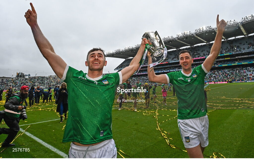 23 July 2023; Barry Nash, left, and Diarmaid Byrnes of Limerick with the Liam MacCarthy Cup after the GAA Hurling All-Ireland Senior Championship final match between Kilkenny and Limerick at Croke Park in Dublin. Photo by Ramsey Cardy/Sportsfile